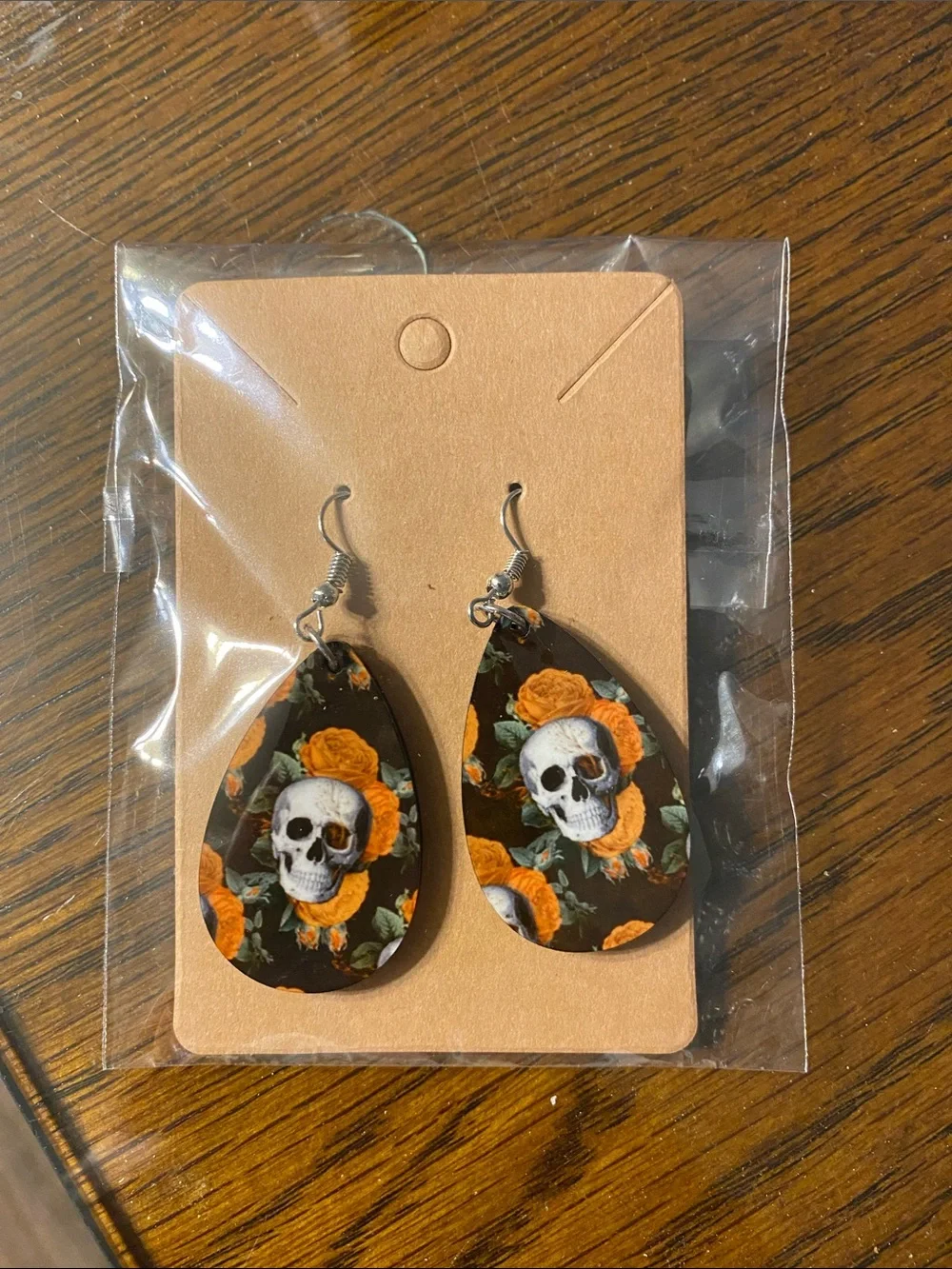 Skull & Orange Rose Teardrop Earrings